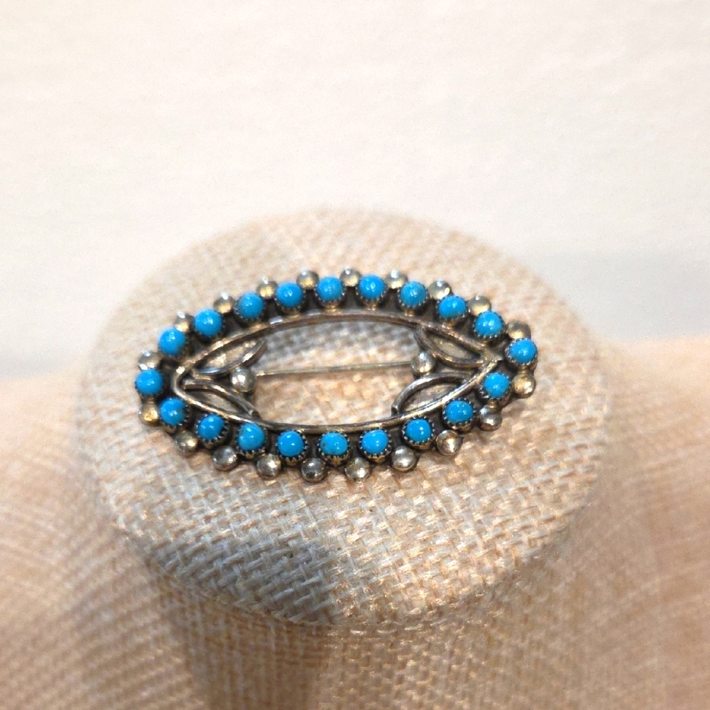 Vintage SterlingSilver and Turquoise Petit Point Zuni Brooch